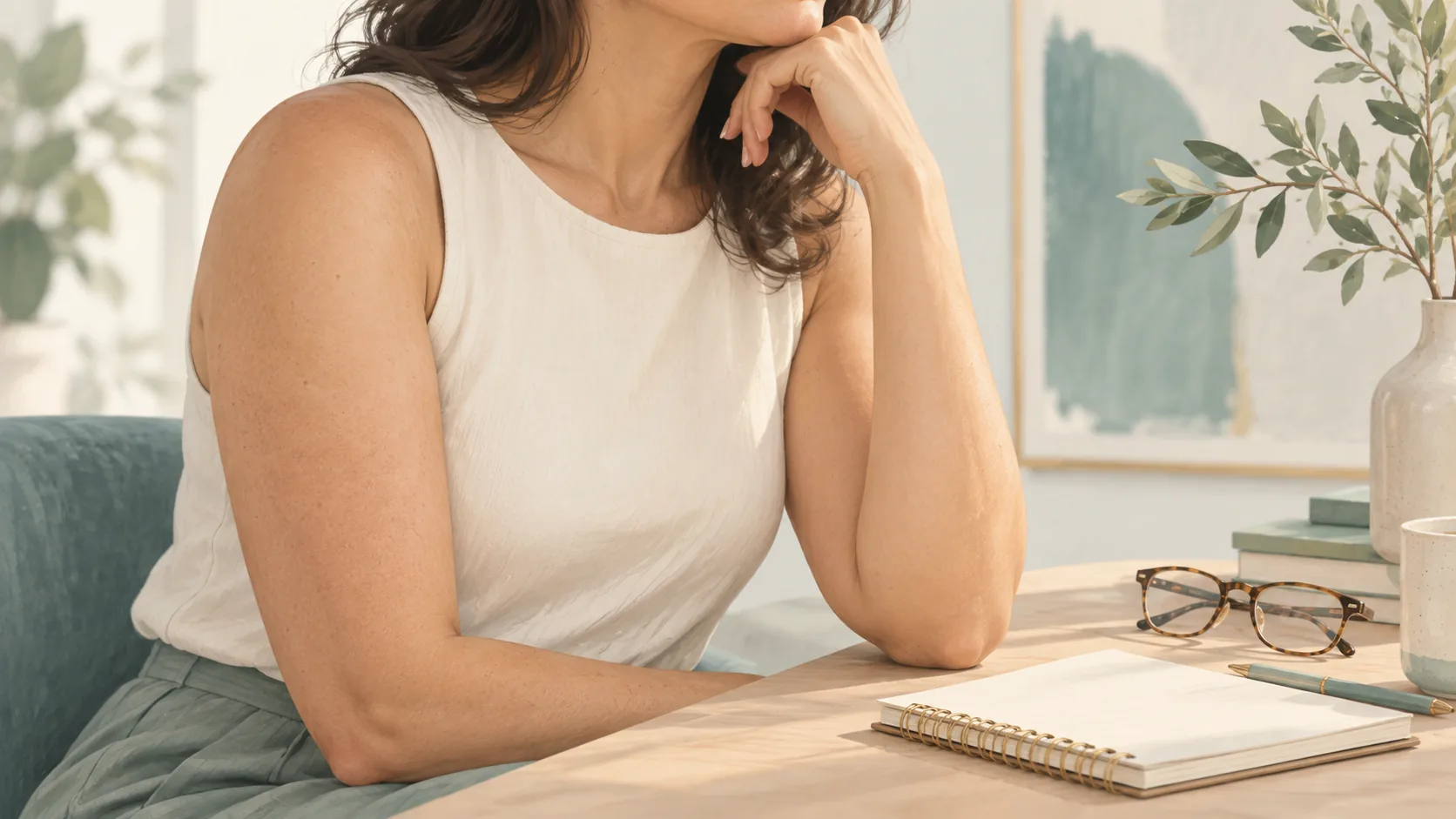 Editorial illustration of an adult in a sleeveless top seated beside a blank notebook and glasses